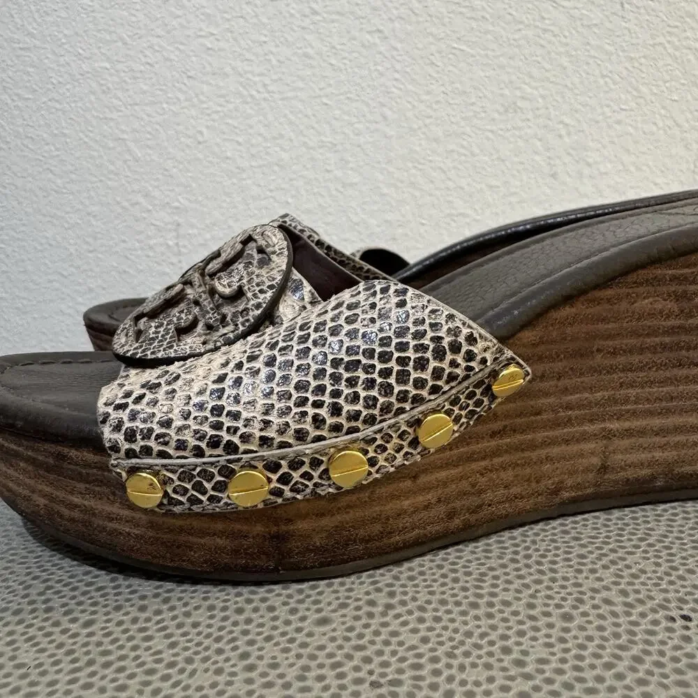 Tory Burch Patti Snakeskin Leather Platform Wedge Slide Sandals Size 8.5 M